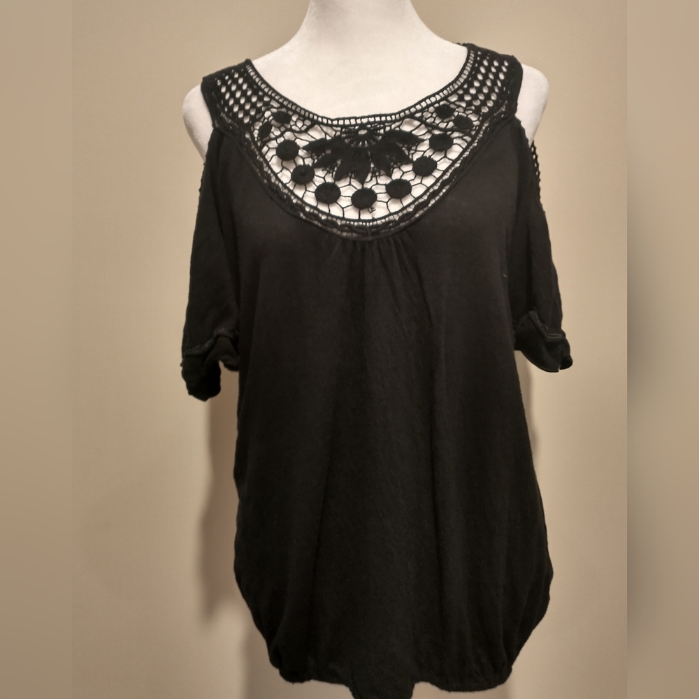 Max Studio Black Cold Shoulder Blouse With Crochet Neckline